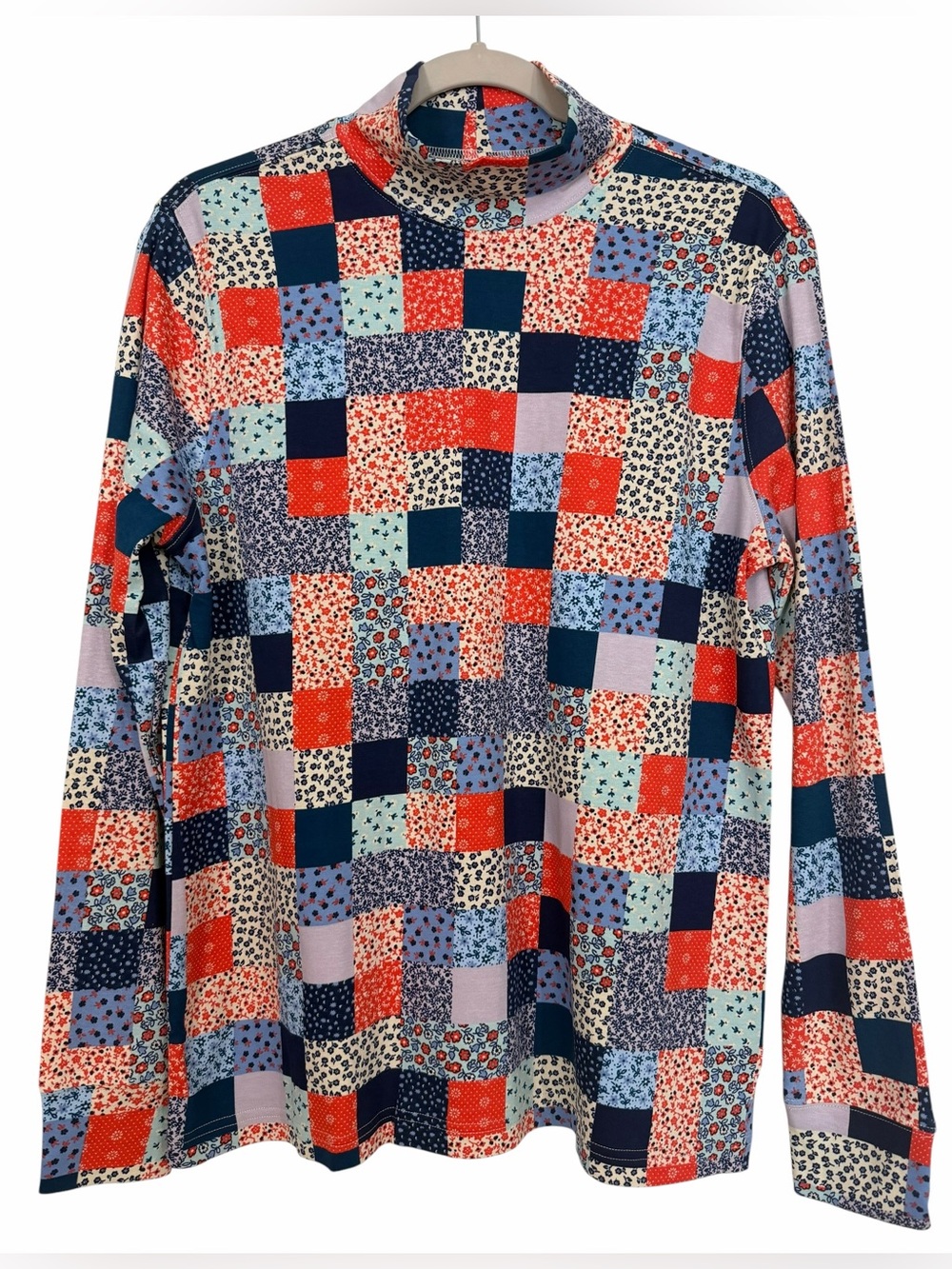 Lands End Long Sleeve Mockneck Relaxed Cotton Shirt Multicolor Patch Floral M
